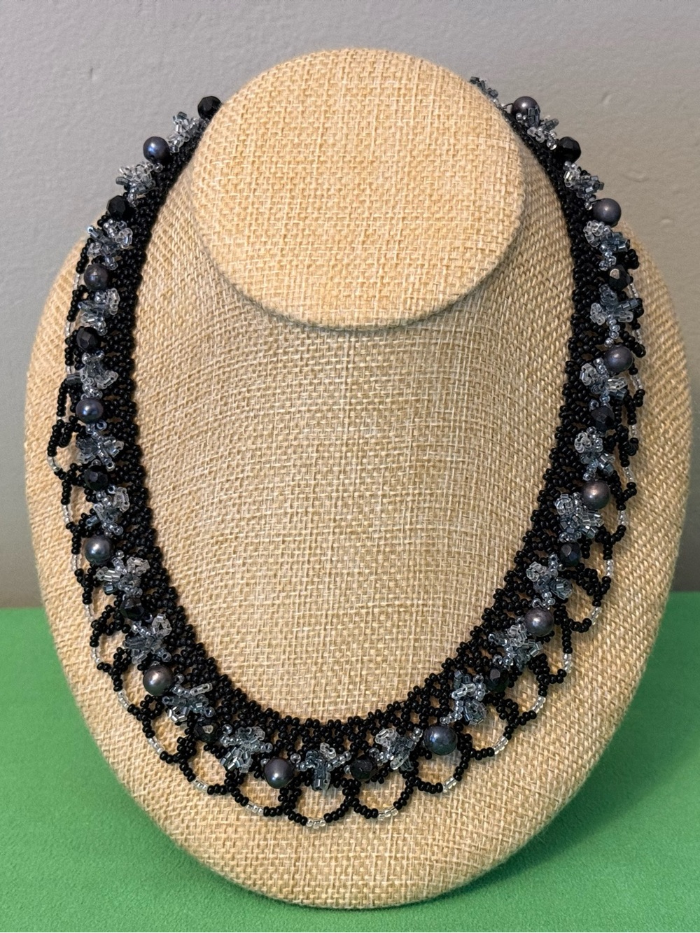 Handcrafted Black Beaded Necklace with Gray Genuine Pearl Accents